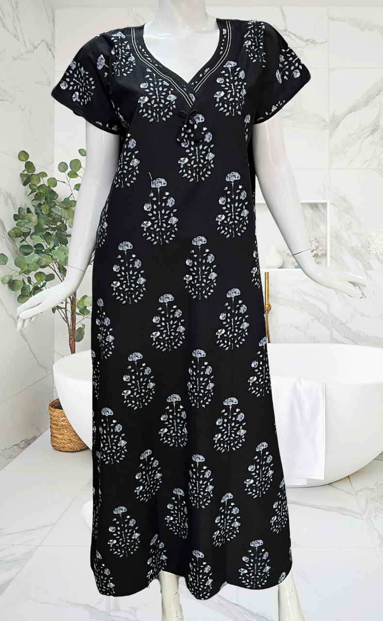 Black Floral Pure Cotton Nighty. Pure Durable Cotton | Laces and Frills