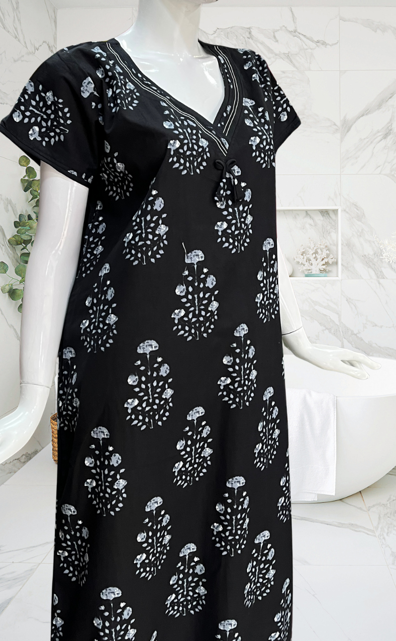 Black Floral Pure Cotton Nighty. Pure Durable Cotton | Laces and Frills