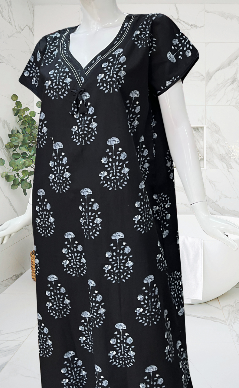 Black Floral Pure Cotton Nighty. Pure Durable Cotton | Laces and Frills