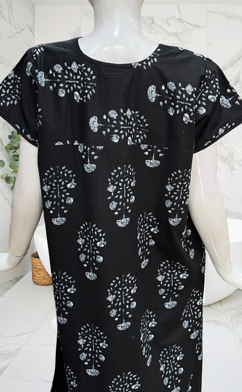 Black Floral Pure Cotton Nighty. Pure Durable Cotton | Laces and Frills