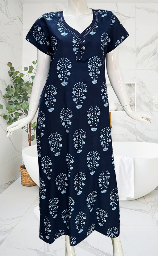
Navy Blue Floral Pure Cotton Nighty. Pure Durable Cotton | Laces and Frills
