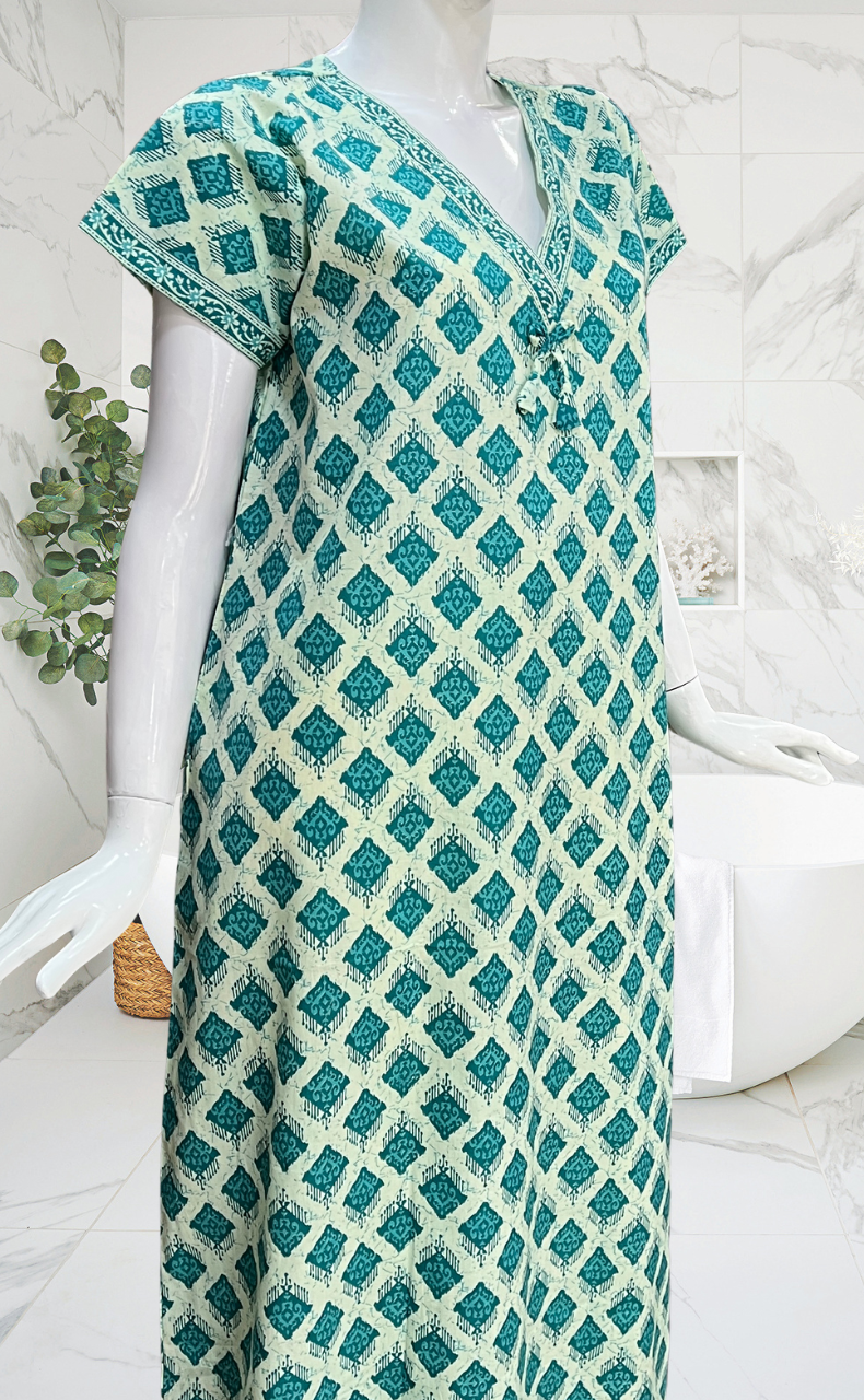 Sea Green Abstract Pure Cotton Nighty. Pure Durable Cotton | Laces and Frills