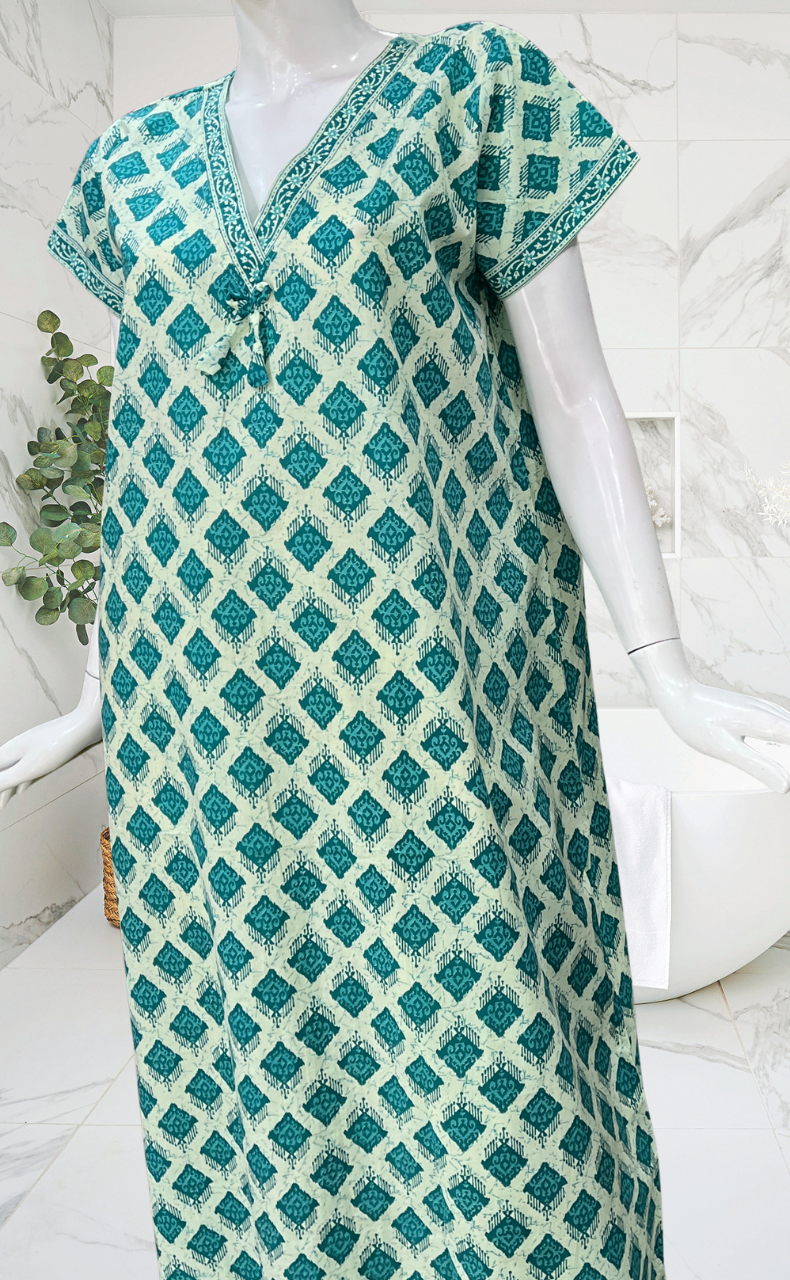 Sea Green Abstract Pure Cotton Nighty. Pure Durable Cotton | Laces and Frills