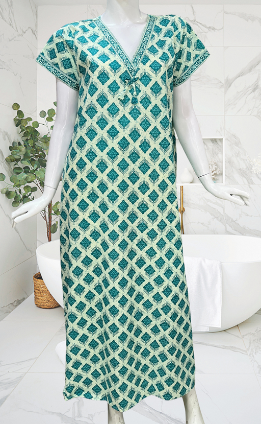 Sea Green Abstract Pure Cotton Nighty. Pure Durable Cotton | Laces and Frills