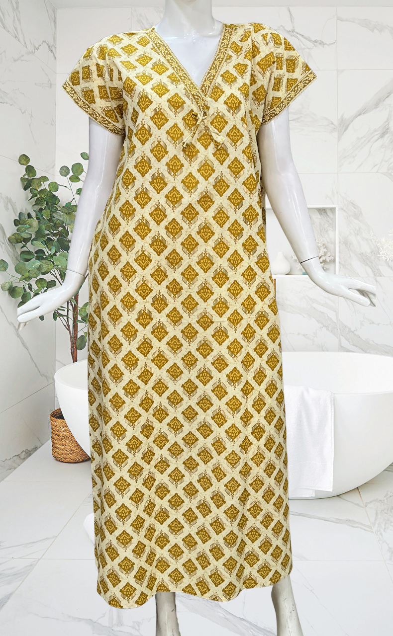 Mustard Abstract Pure Cotton Nighty. Pure Durable Cotton | Laces and Frills