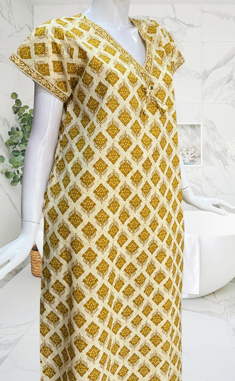 Mustard Abstract Pure Cotton Nighty. Pure Durable Cotton | Laces and Frills