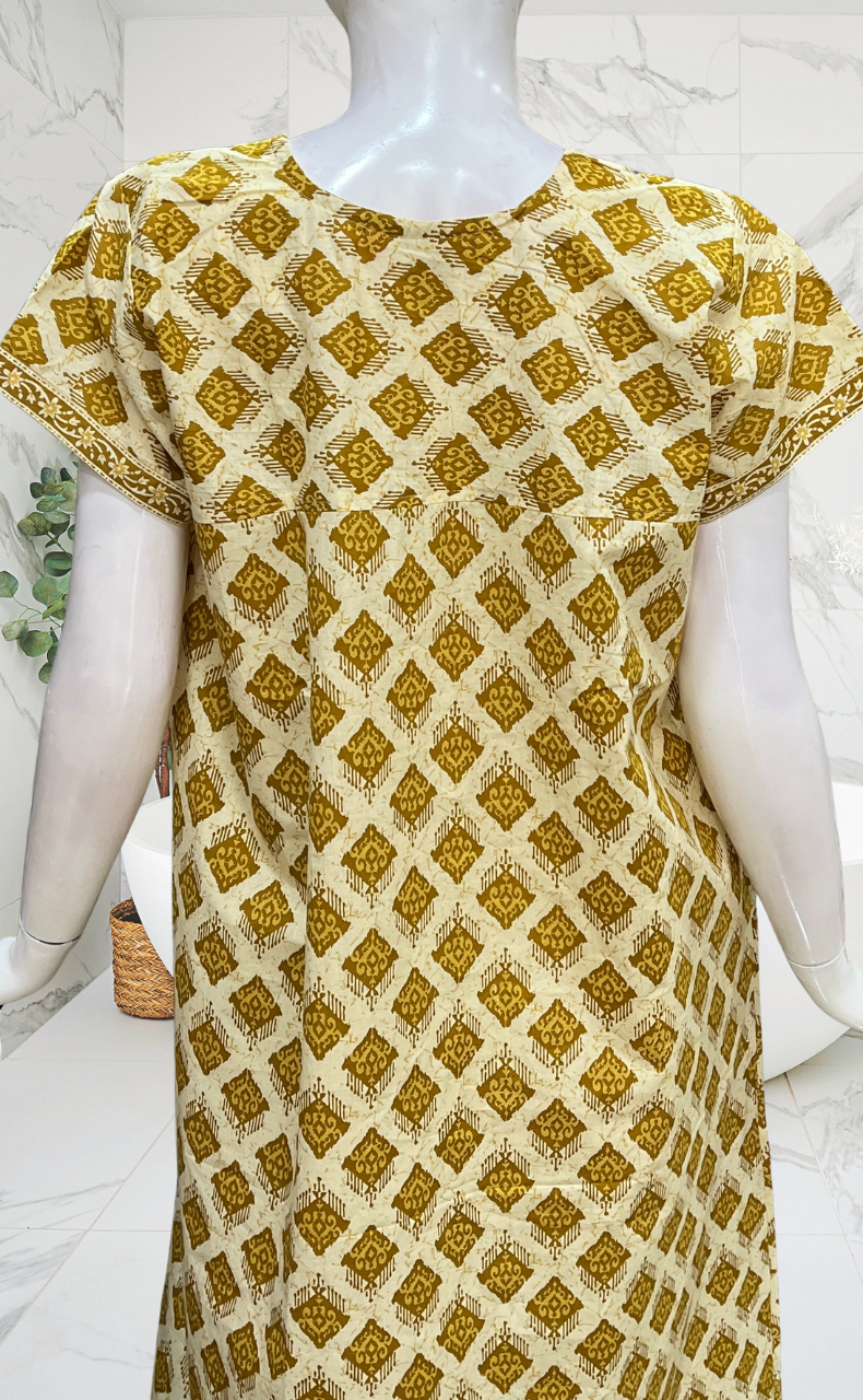 Mustard Abstract Pure Cotton Nighty. Pure Durable Cotton | Laces and Frills