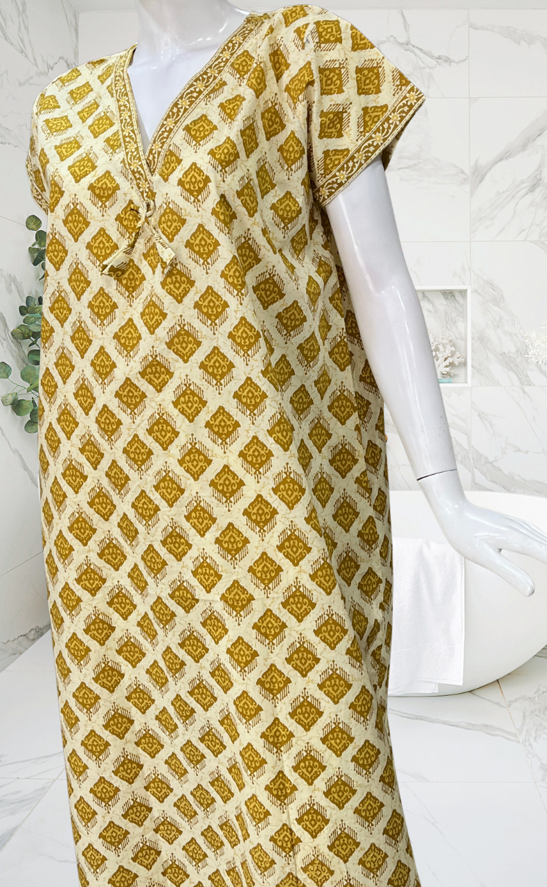 Mustard Abstract Pure Cotton Nighty. Pure Durable Cotton | Laces and Frills