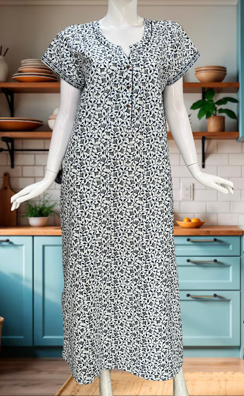 White/Blue Tiny Flora Pure Cotton Nighty. Pure Durable Cotton | Laces and Frills