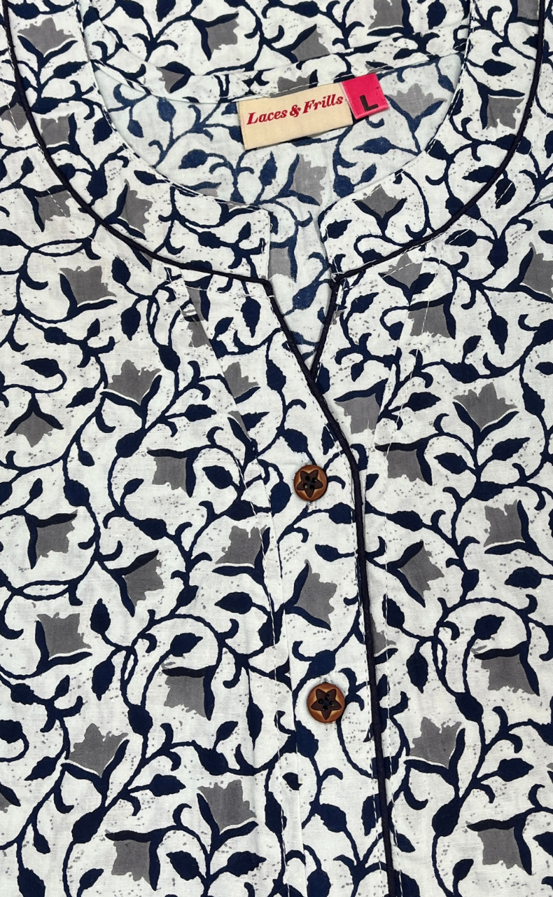 White/Blue Tiny Flora Pure Cotton Nighty. Pure Durable Cotton | Laces and Frills