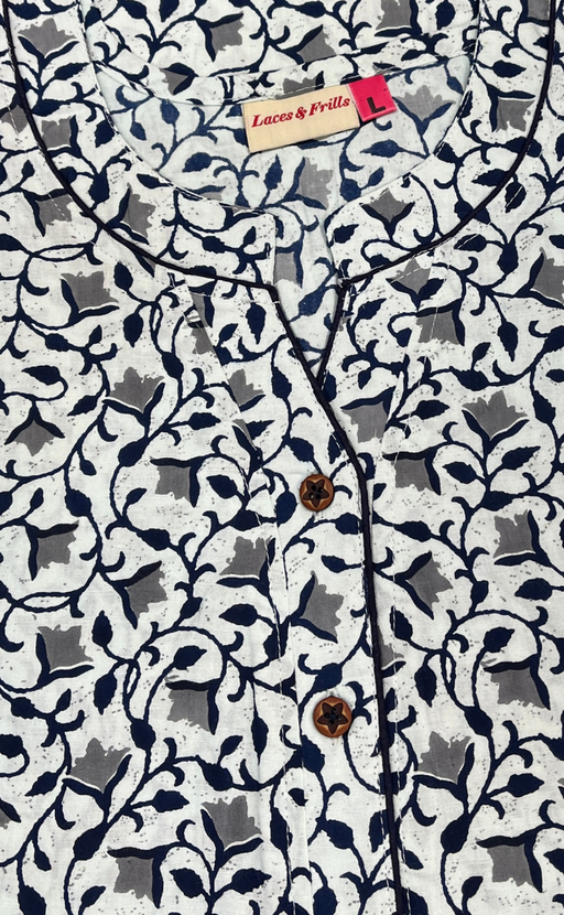 White/Blue Tiny Flora Pure Cotton Nighty. Pure Durable Cotton | Laces and Frills