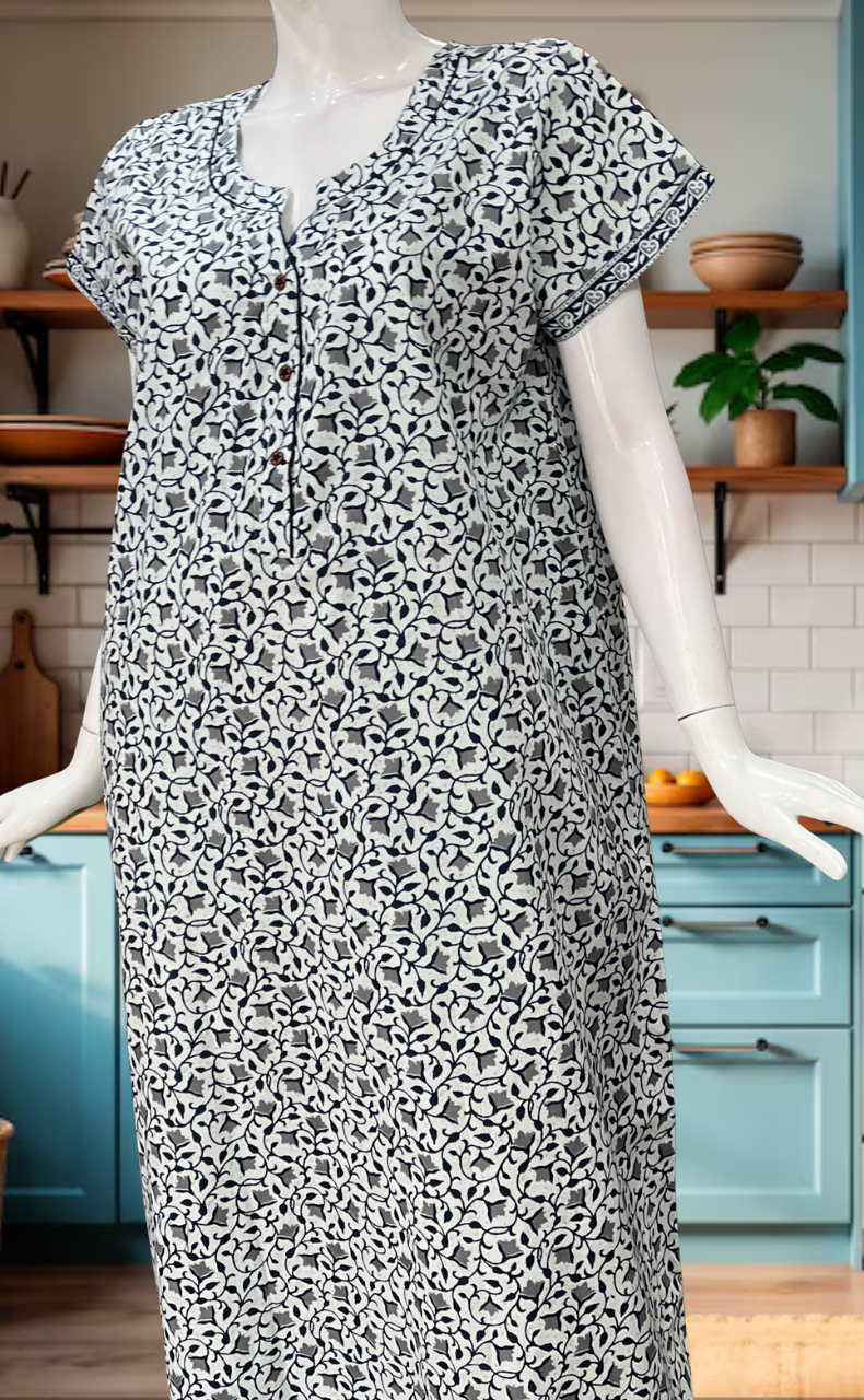 White/Blue Tiny Flora Pure Cotton Nighty. Pure Durable Cotton | Laces and Frills