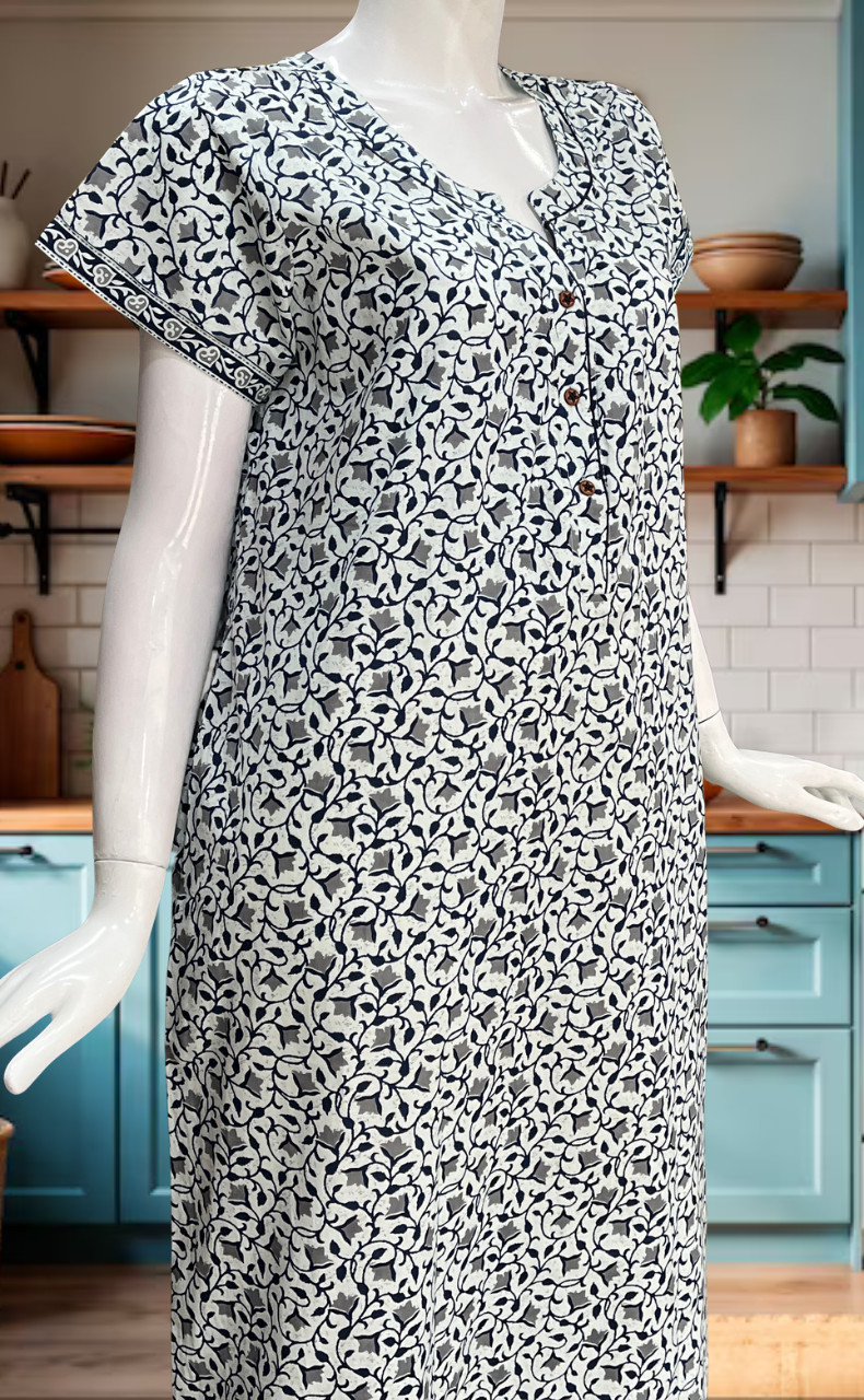 White/Blue Tiny Flora Pure Cotton Nighty. Pure Durable Cotton | Laces and Frills