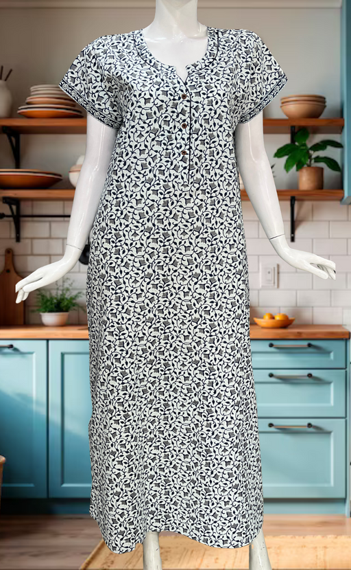 White/Blue Tiny Flora Pure Cotton Nighty. Pure Durable Cotton | Laces and Frills