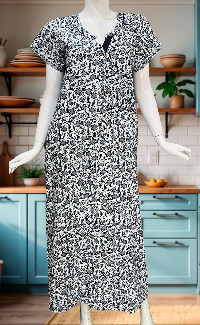 White/Blue Garden Pure Cotton Nighty. Pure Durable Cotton | Laces and Frills