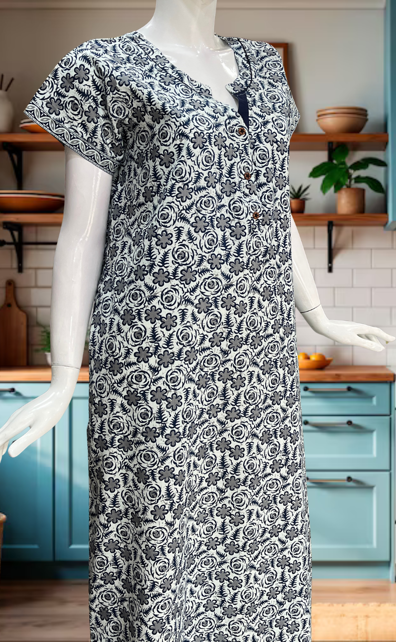 White/Blue Garden Pure Cotton Nighty. Pure Durable Cotton | Laces and Frills