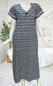 Navy Blue Abstract Pure Cotton Nighty. Pure Durable Cotton | Laces and Frills