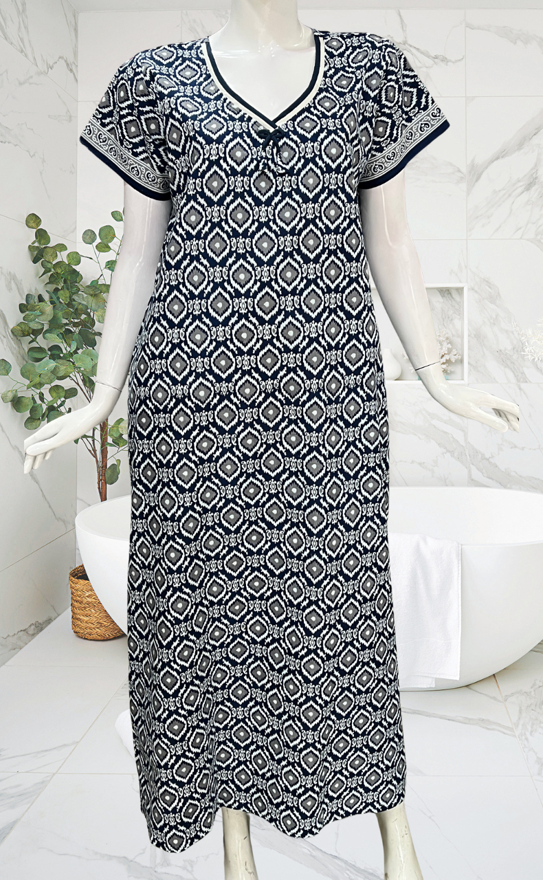 Navy Blue Abstract Pure Cotton Nighty. Pure Durable Cotton | Laces and Frills
