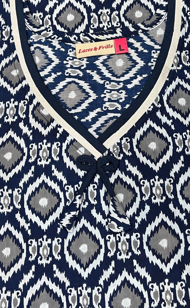 Navy Blue Abstract Pure Cotton Nighty. Pure Durable Cotton | Laces and Frills