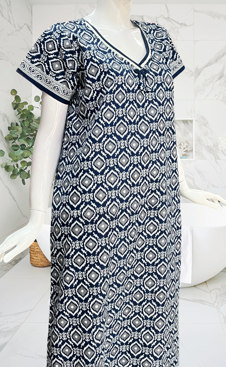 Navy Blue Abstract Pure Cotton Nighty. Pure Durable Cotton | Laces and Frills
