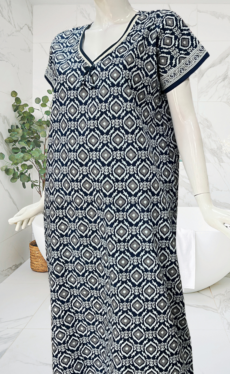 Navy Blue Abstract Pure Cotton Nighty. Pure Durable Cotton | Laces and Frills
