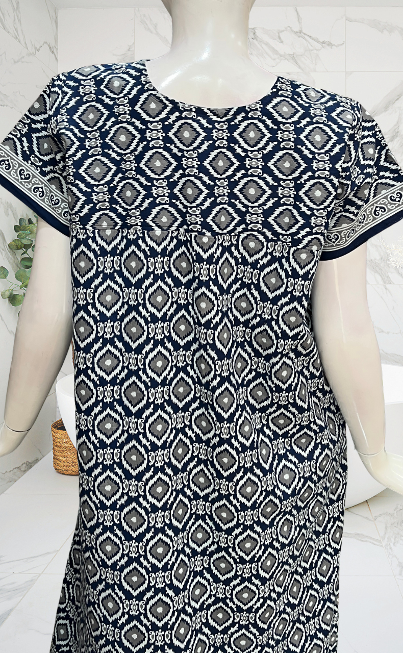 Navy Blue Abstract Pure Cotton Nighty. Pure Durable Cotton | Laces and Frills