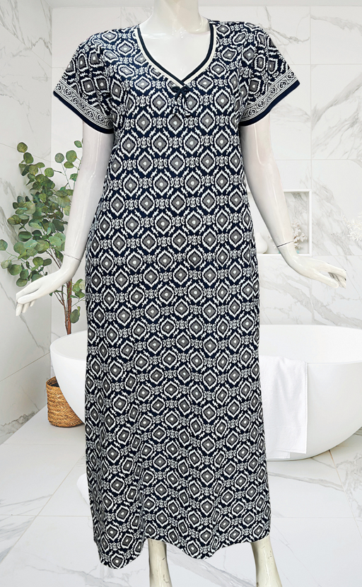 Navy Blue Abstract Pure Cotton Nighty. Pure Durable Cotton | Laces and Frills