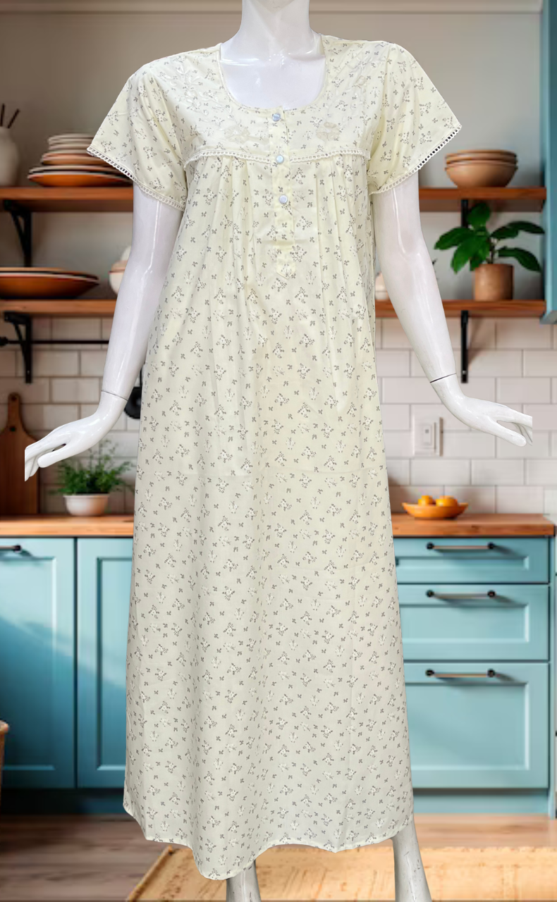 Yellow Floral Boutique Cotton Nighty. Cotton Fabric | Laces and Frills
