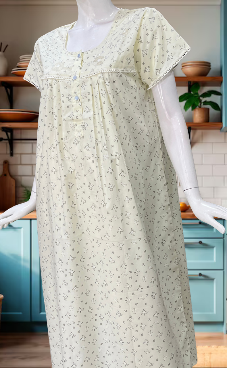 Yellow Floral Boutique Cotton Nighty. Cotton Fabric | Laces and Frills