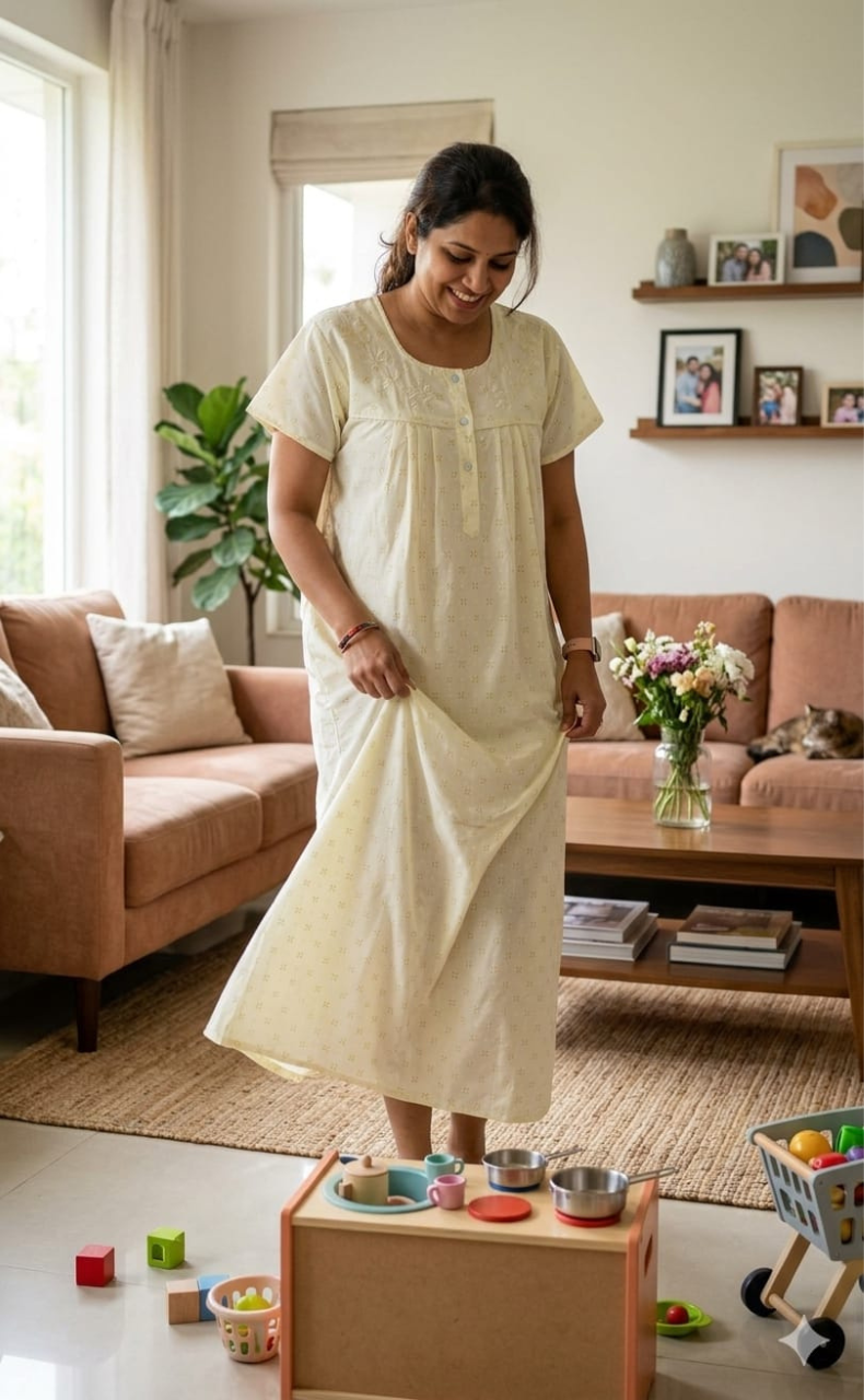 Yellow Floral Boutique Cotton Nighty. Cotton Fabric | Laces and Frills - Laces and Frills