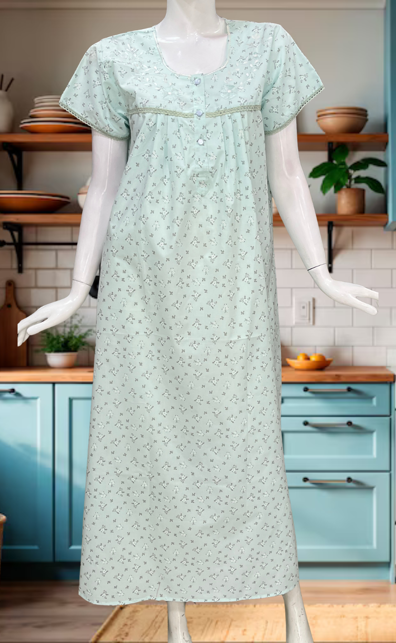 Sea Green Floral Boutique Cotton Nighty. Cotton Fabric | Laces and Frills
