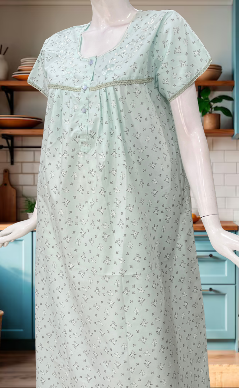 Sea Green Floral Boutique Cotton Nighty. Cotton Fabric | Laces and Frills