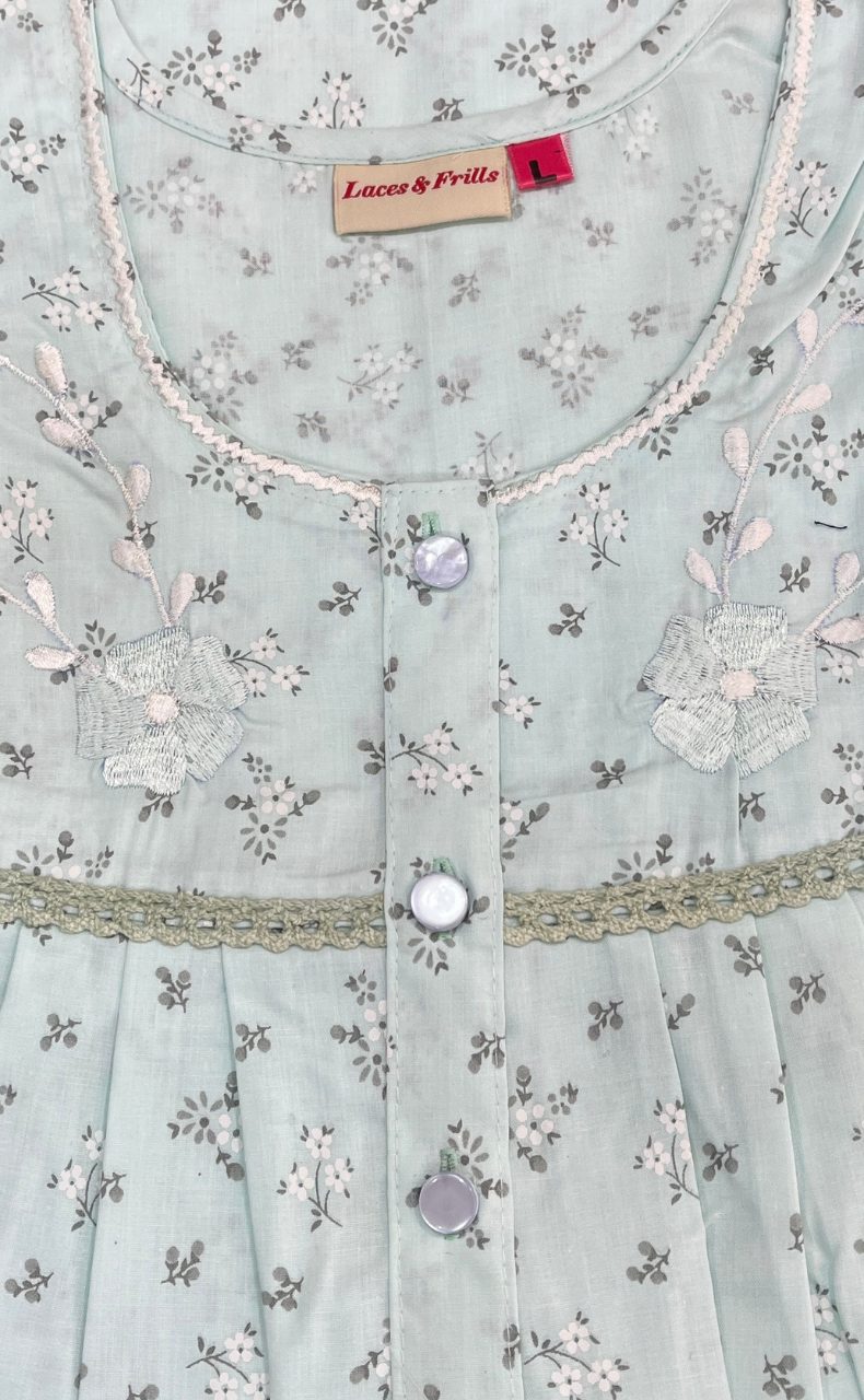 Sea Green Floral Boutique Cotton Nighty. Cotton Fabric | Laces and Frills