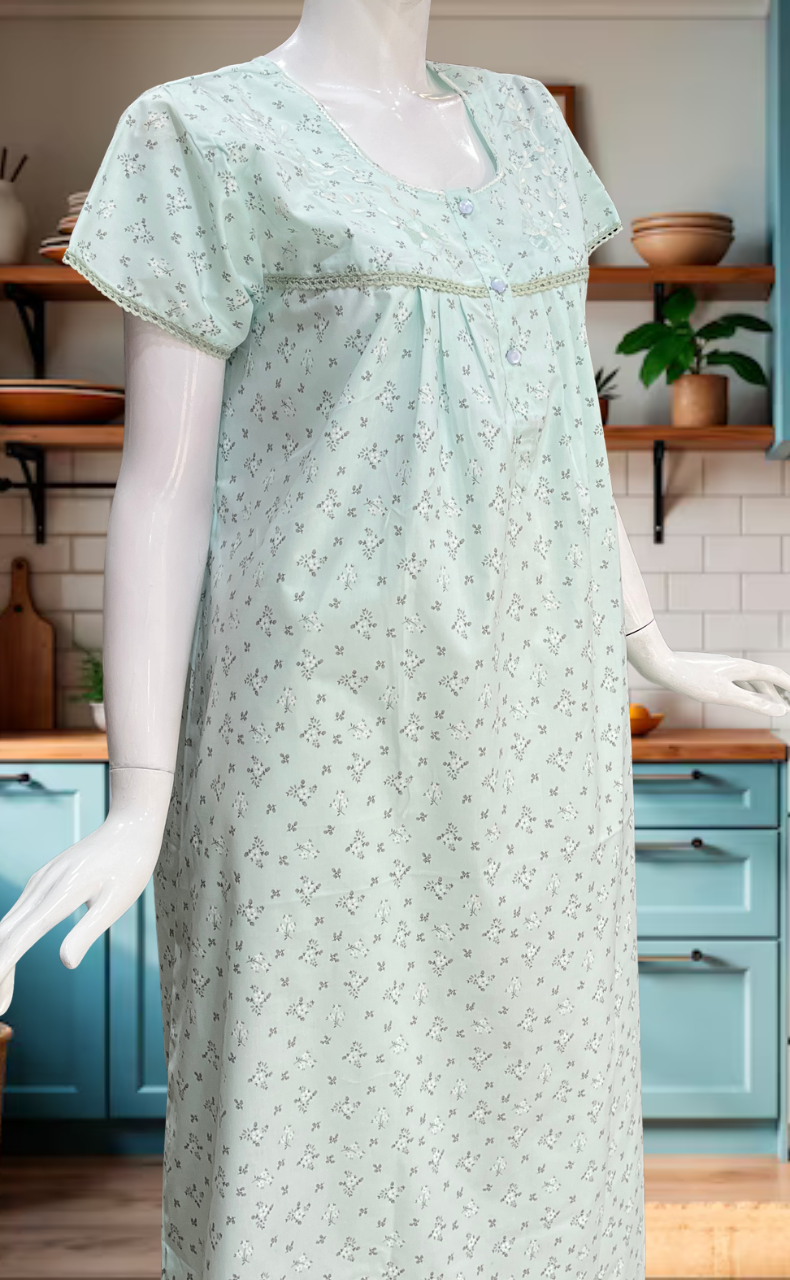 Sea Green Floral Boutique Cotton Nighty. Cotton Fabric | Laces and Frills
