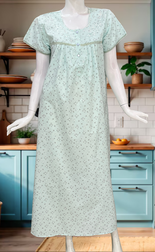 Sea Green Floral Boutique Cotton Nighty. Cotton Fabric | Laces and Frills