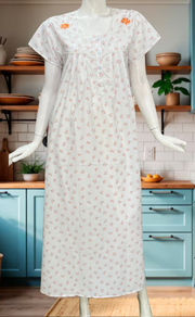 White/Orange Floral Boutique Cotton Nighty. Cotton Fabric | Laces and Frills