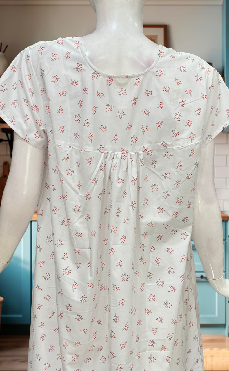 White/Orange Floral Boutique Cotton Nighty. Cotton Fabric | Laces and Frills