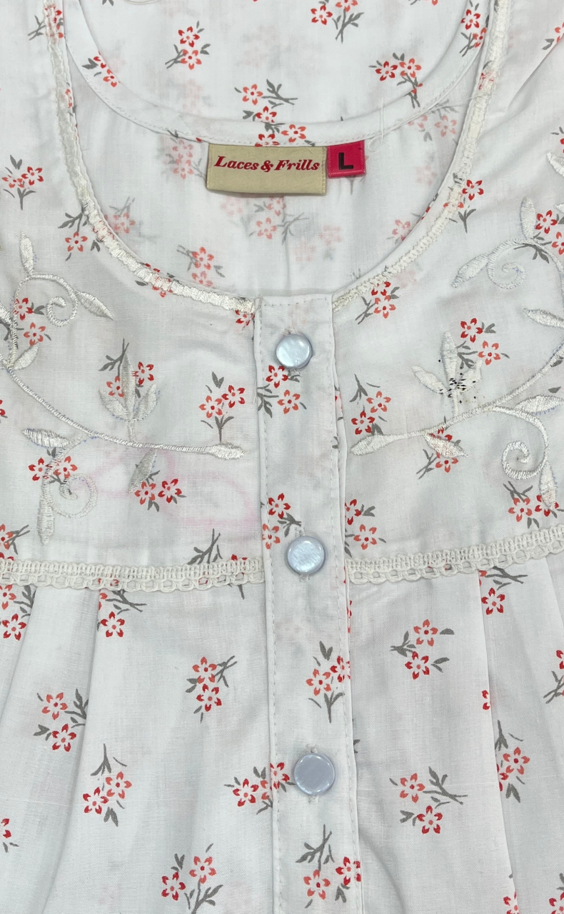 White/Orange Floral Boutique Cotton Nighty. Cotton Fabric | Laces and Frills
