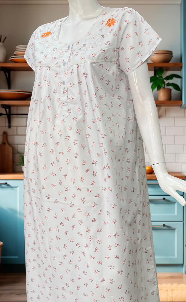 White/Orange Floral Boutique Cotton Nighty. Cotton Fabric | Laces and Frills