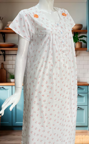 White/Orange Floral Boutique Cotton Nighty. Cotton Fabric | Laces and Frills