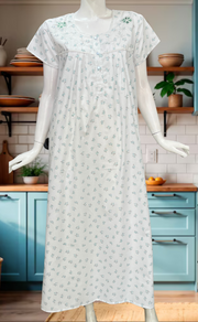White/Sea Green Floral Boutique Cotton Nighty. Cotton Fabric | Laces and Frills