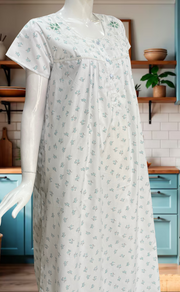 White/Sea Green Floral Boutique Cotton Nighty. Cotton Fabric | Laces and Frills