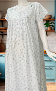 White/Sea Green Floral Boutique Cotton Nighty. Cotton Fabric | Laces and Frills