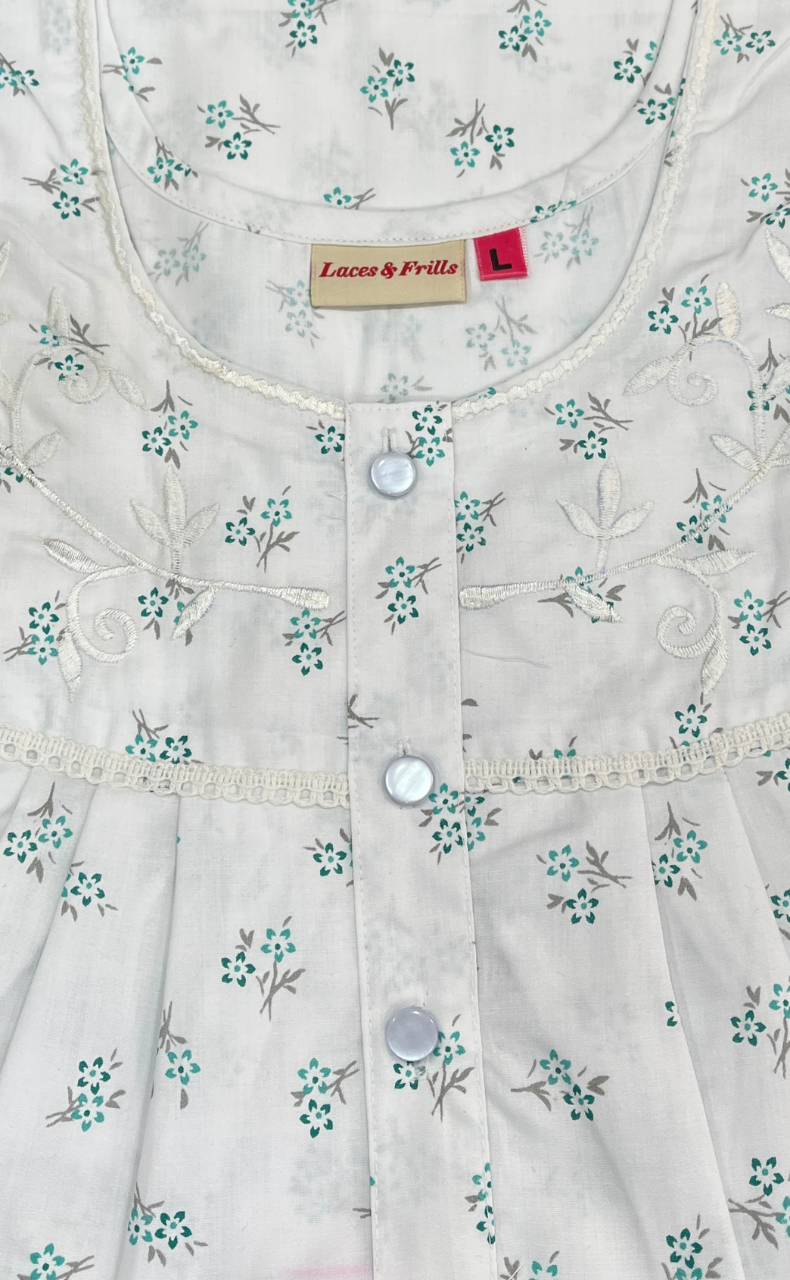 White/Sea Green Floral Boutique Cotton Nighty. Cotton Fabric | Laces and Frills