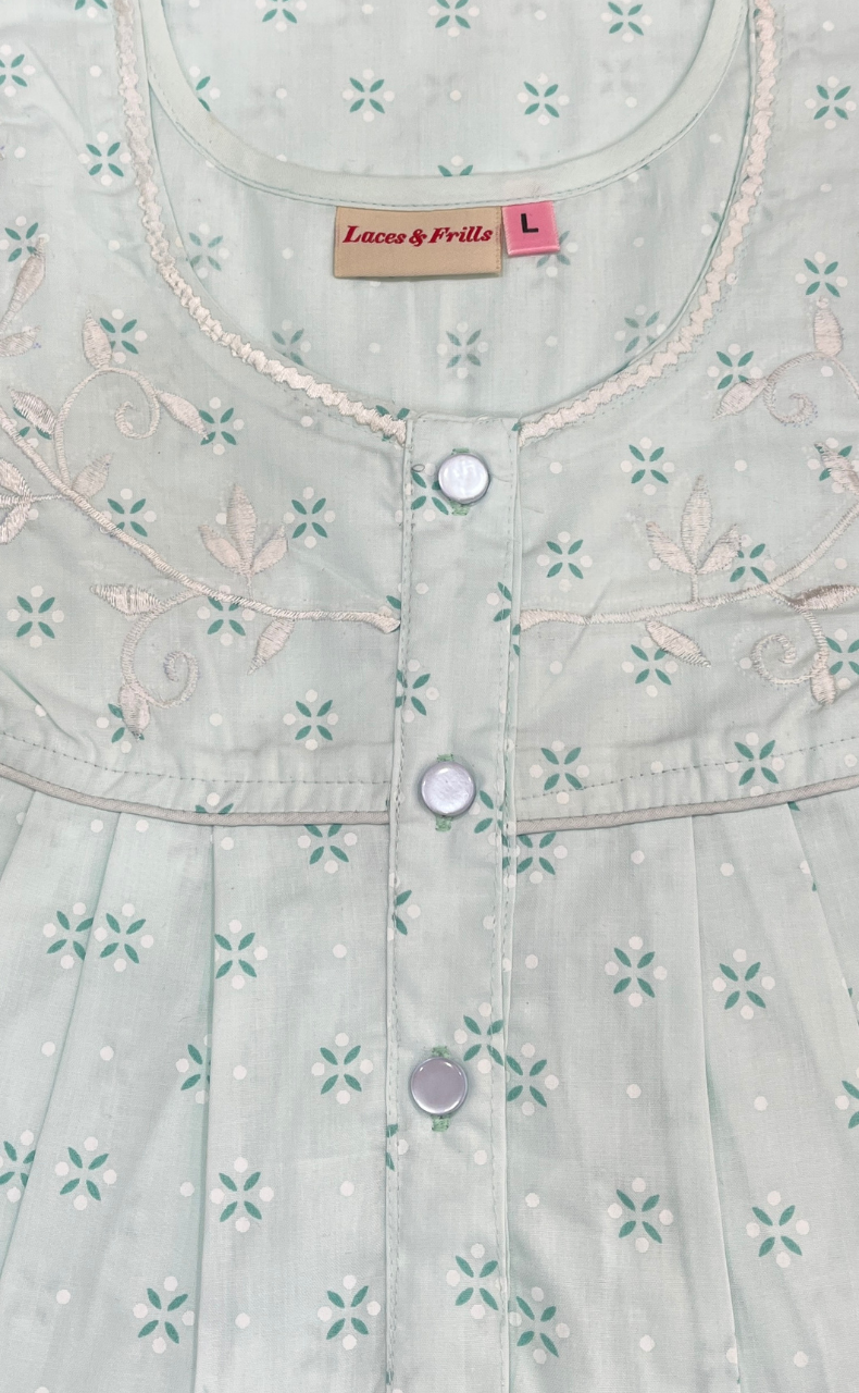 Sea Green Floral Boutique Cotton Nighty. Cotton Fabric | Laces and Frills