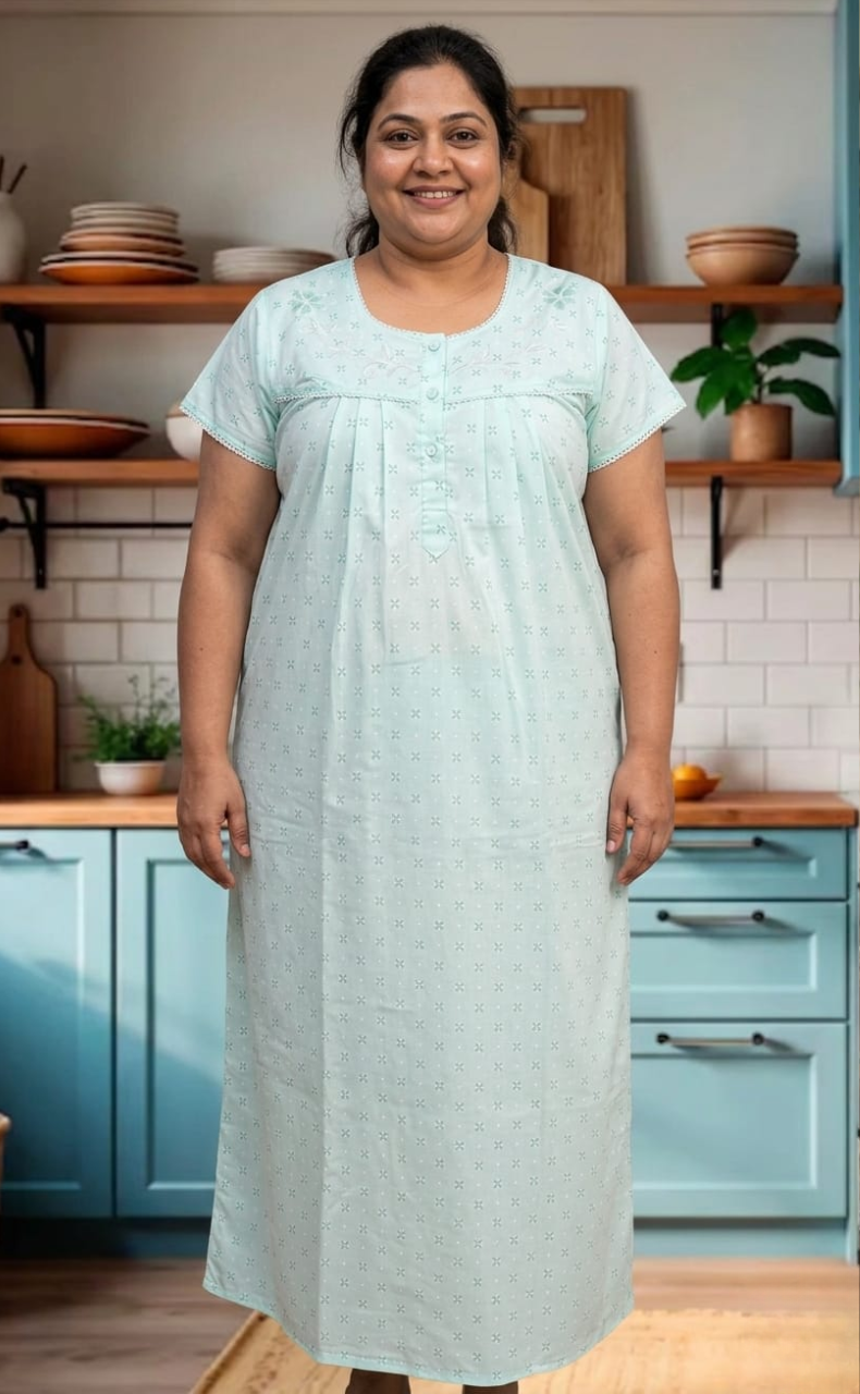 Sea Green Floral Boutique Cotton Nighty. Cotton Fabric | Laces and Frills