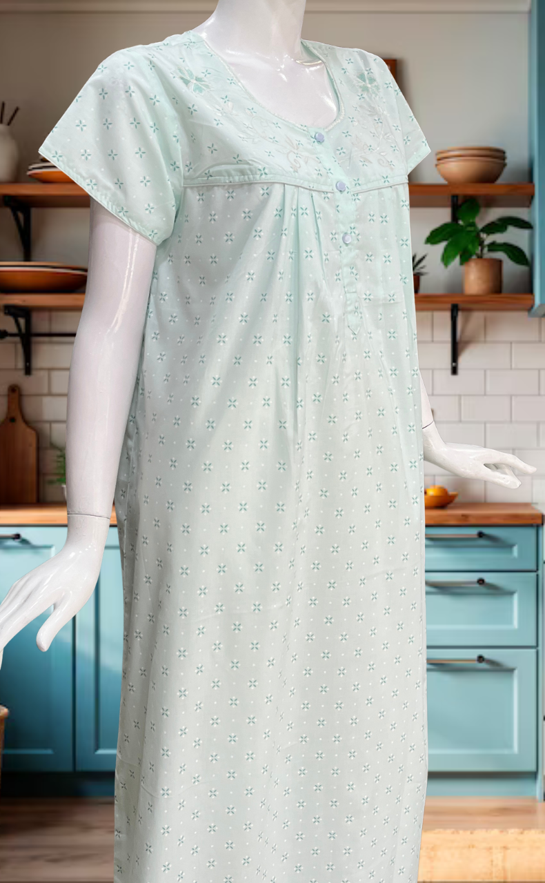 Sea Green Floral Boutique Cotton Nighty. Cotton Fabric | Laces and Frills