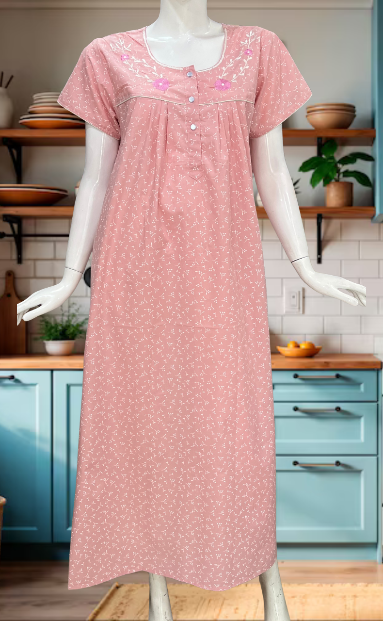 Pink Floral Boutique Cotton Nighty. Cotton Fabric | Laces and Frills