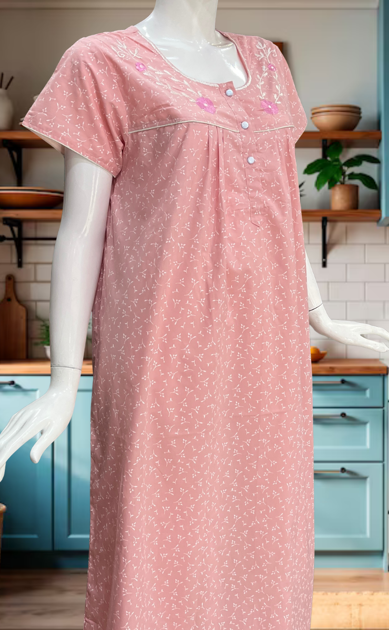 Pink Floral Boutique Cotton Nighty. Cotton Fabric | Laces and Frills