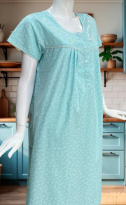 Sea Green Floral Boutique Cotton Nighty. Cotton Fabric | Laces and Frills